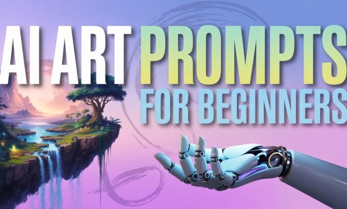 AI art prompts for beginners are displayed in bold letters against a surreal landscape with a waterfall and tree. A robotic hand is reaching out, suggesting creativity and technology.