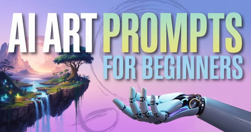 AI art prompts for beginners are displayed in bold letters against a surreal landscape with a waterfall and tree. A robotic hand is reaching out, suggesting creativity and technology.