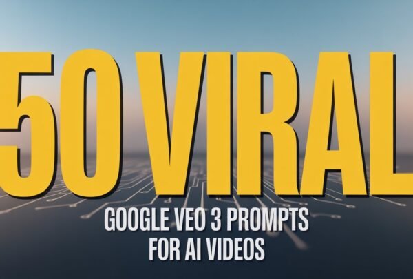 Bold yellow text reads "50 Viral" over a blurred circuit board background. Below, smaller white text states "Google VEO 3 Prompts for AI Videos." The tone is modern and tech-focused.