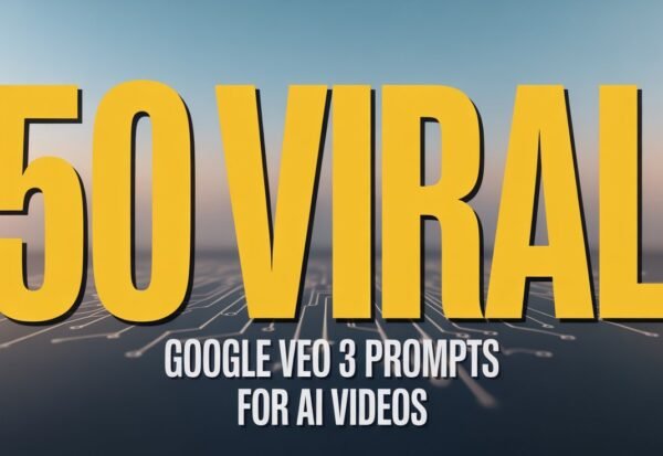Bold yellow text reads "50 Viral" over a blurred circuit board background. Below, smaller white text states "Google VEO 3 Prompts for AI Videos." The tone is modern and tech-focused.