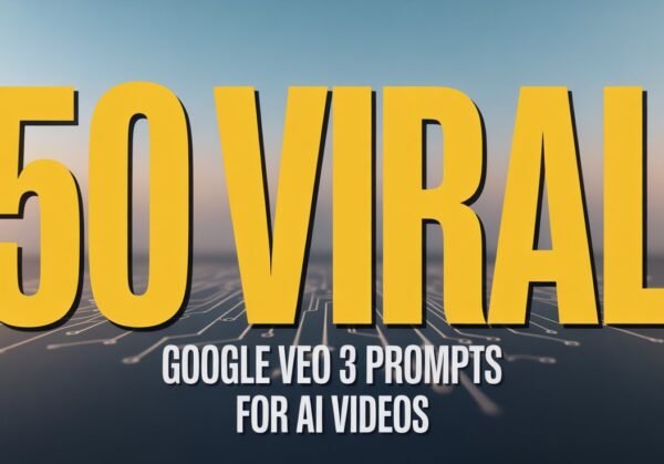 Bold yellow text reads "50 Viral" over a blurred circuit board background. Below, smaller white text states "Google VEO 3 Prompts for AI Videos." The tone is modern and tech-focused.