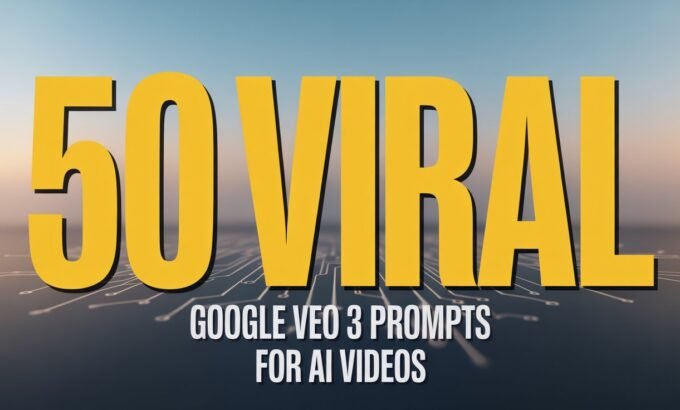 Bold yellow text reads "50 Viral" over a blurred circuit board background. Below, smaller white text states "Google VEO 3 Prompts for AI Videos." The tone is modern and tech-focused.