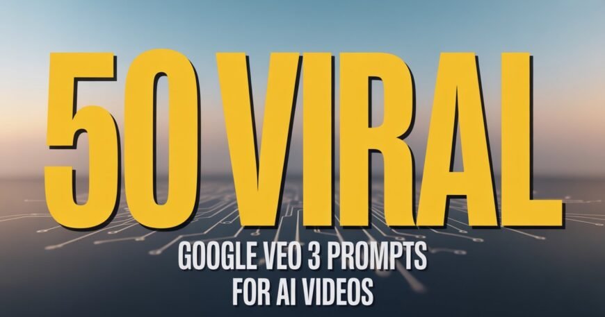 Bold yellow text reads "50 Viral" over a blurred circuit board background. Below, smaller white text states "Google VEO 3 Prompts for AI Videos." The tone is modern and tech-focused.